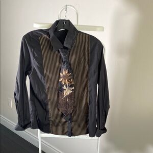 Black and Brown Embroidered Blouse with Pinstripes
